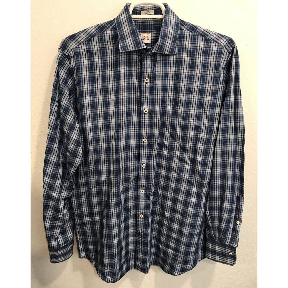 Peter Millar Button Up Shirt Mens Sz L Plaid Blue Purple Long Sleeve Adult